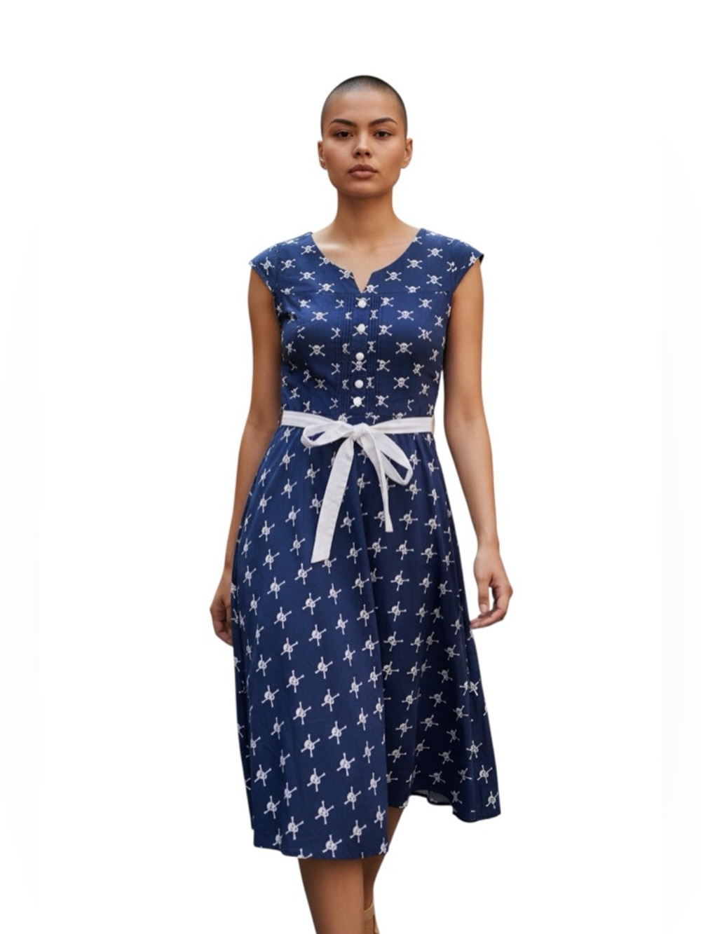 Folter "Turn On The Skulls" Navy & White Retro Fit & Flare Dress Size L